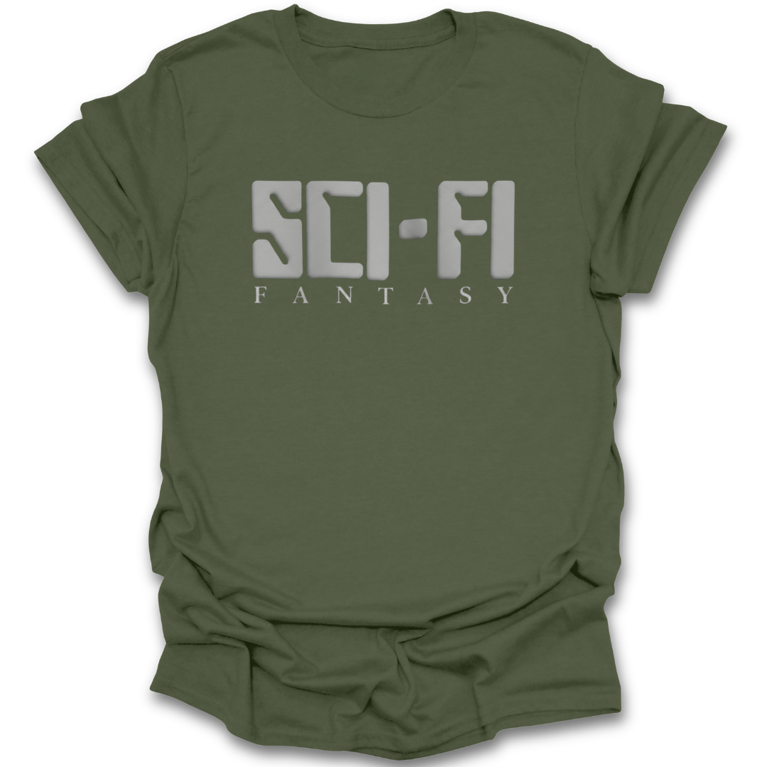 Green t-shirt with 'SCI-FI FANTASY' text on a white background book reading literary t shirt