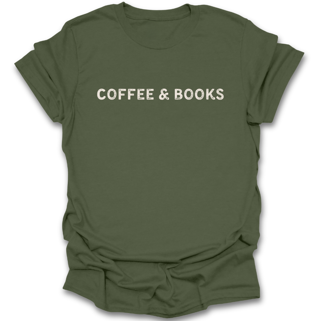 Green t-shirt with 'COFFEE & BOOKS' text on a white background book reading literary t shirt