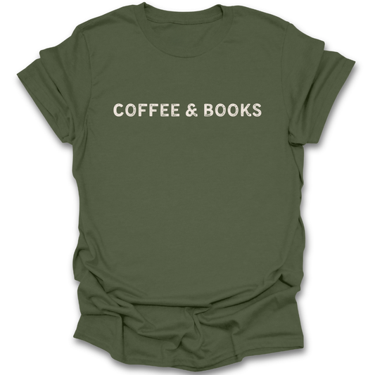 Green t-shirt with 'COFFEE & BOOKS' text on a white background book reading literary t shirt
