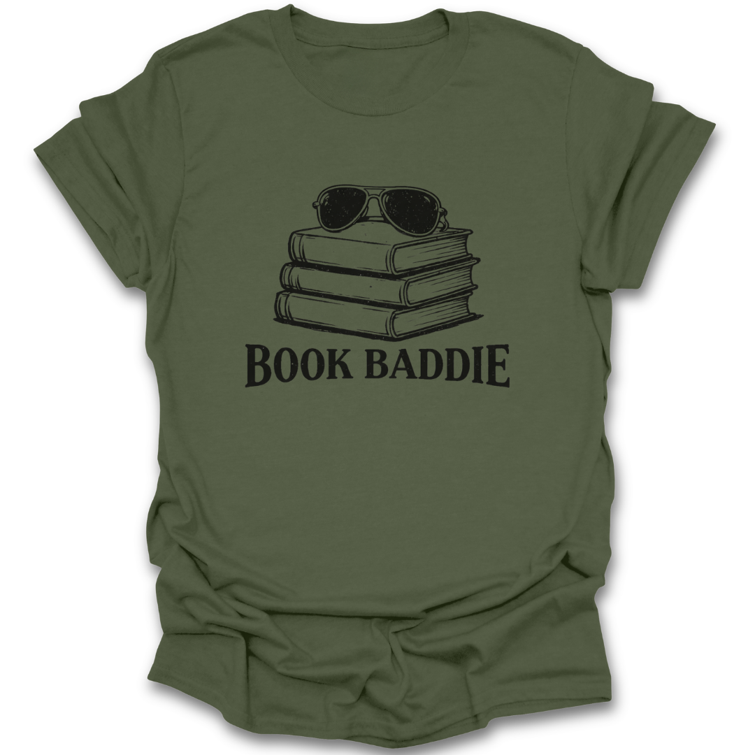 Green t-shirt with 'Book Baddie' graphic and sunglasses on books design. funny book reading literary t shirt