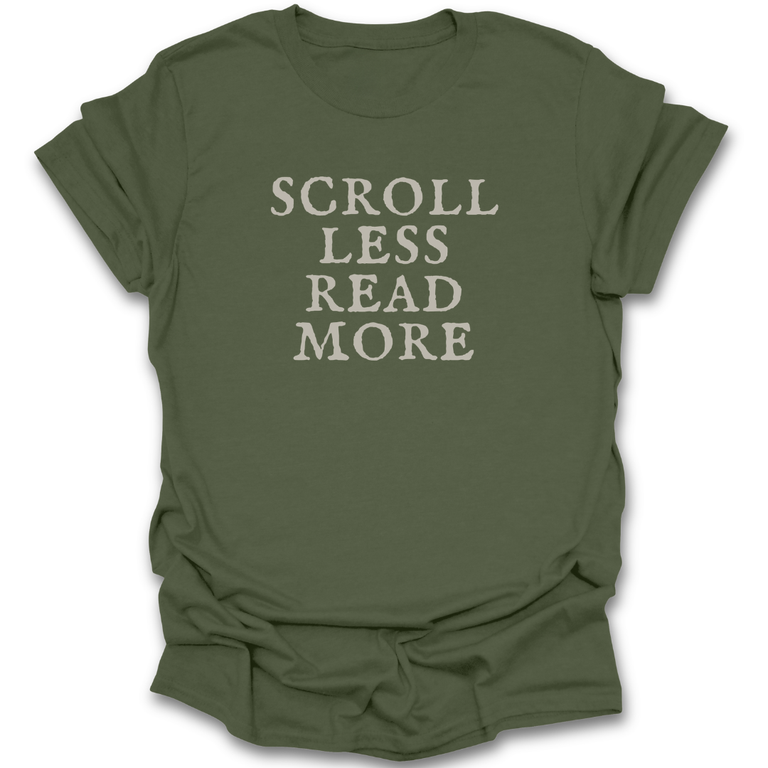 Green t-shirt with 'Scroll Less Read More' text on a white background