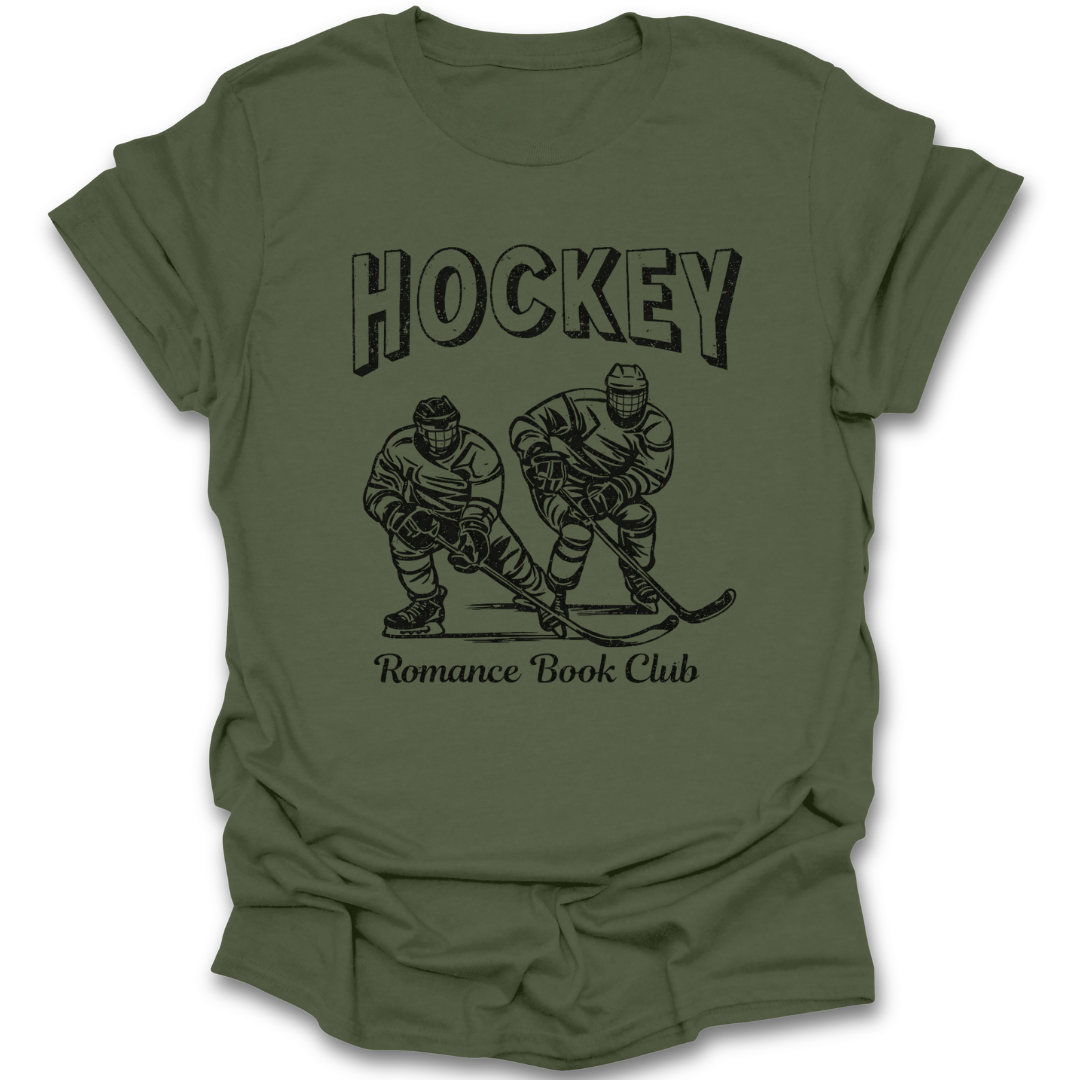 Green t-shirt with hockey-themed graphic and text on a white background hockey romance book reading literary t shirt