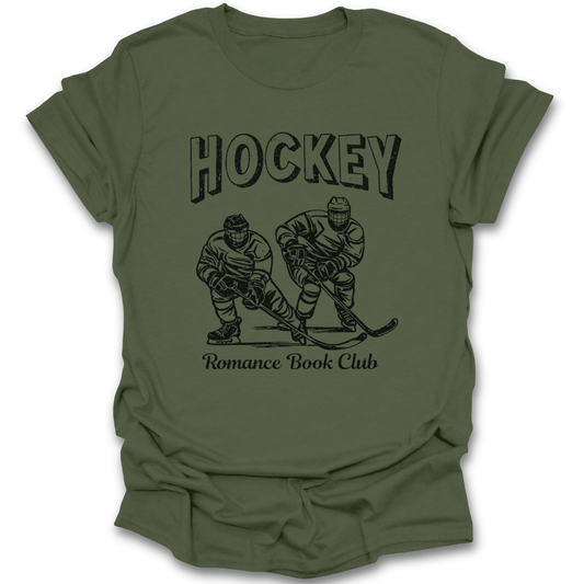 Green t-shirt with hockey-themed graphic and text on a white background hockey romance book reading literary t shirt