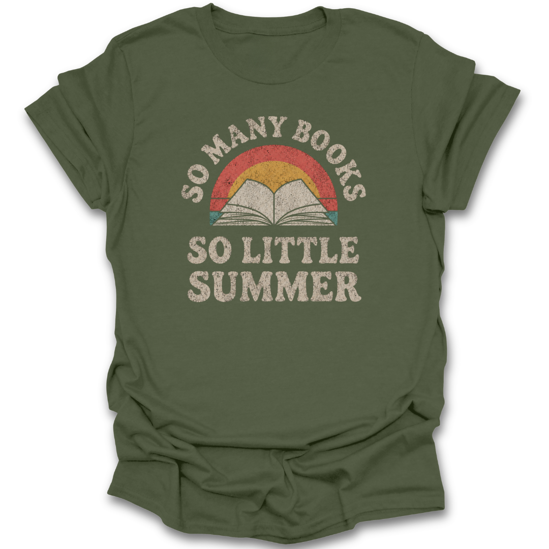 Green t-shirt with 'So Many Books, So Little Summer' graphic design on a white background