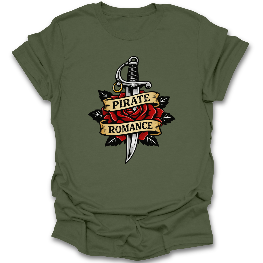 Green t-shirt with 'Pirate Romance' design featuring a sword and rose on a white background pirate romance book reading literary t shirt