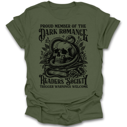 Green t-shirt with black graphic design and text on a white background dark romance funny book reading literary t shirt