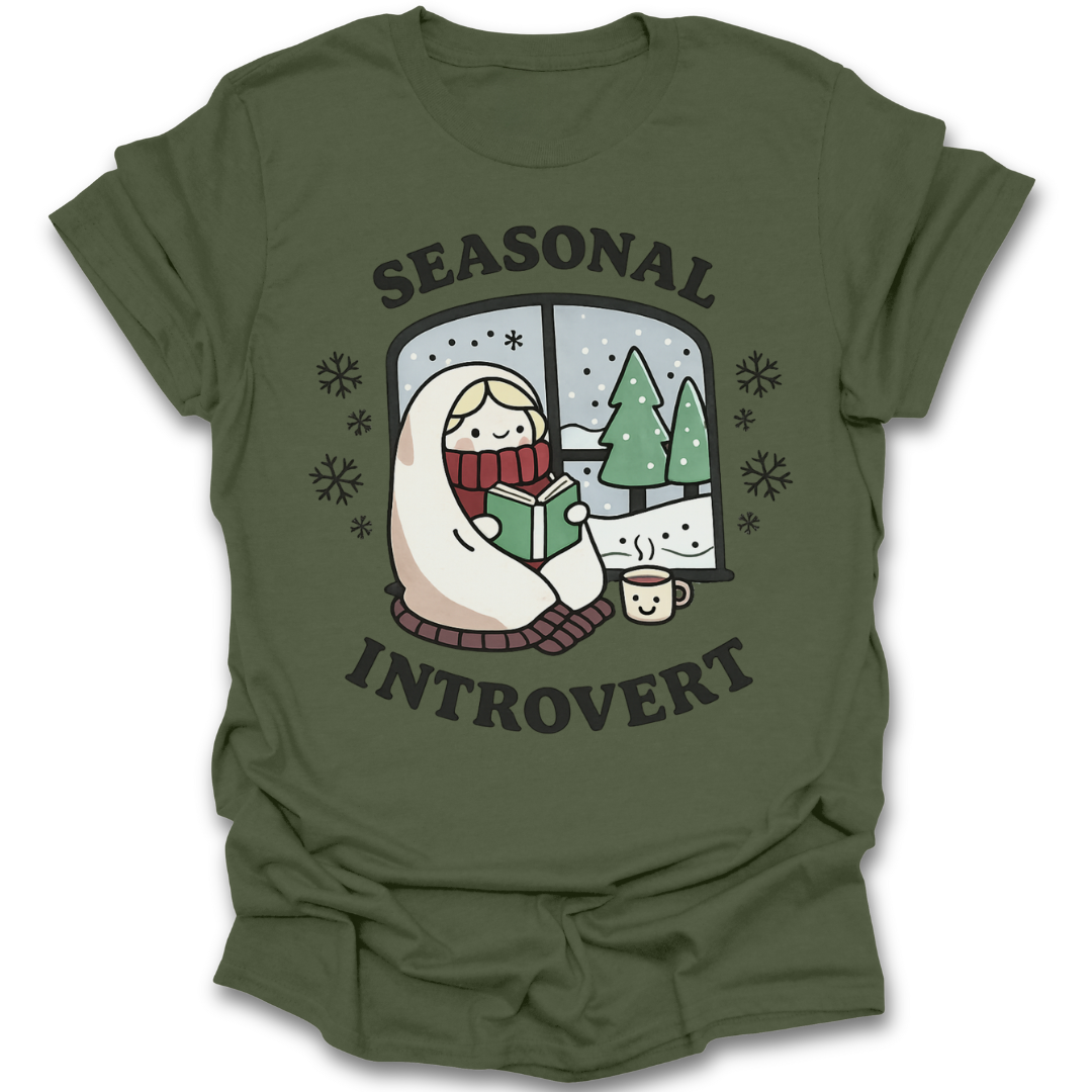 Green t-shirt with 'Seasonal Introvert' graphic design on a white background book lover t shirt