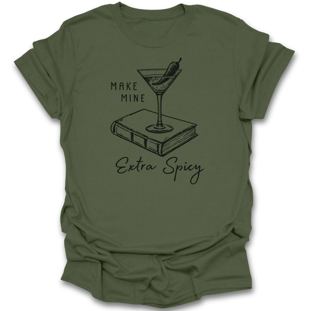 Green t-shirt with a cocktail graphic and text 'Make Mine Extra Spicy' on a white background spicy romance book t shirt