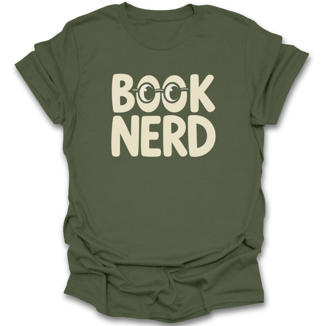 Green t-shirt with 'Book Nerd' text on a white background funny book reading literary t shirt