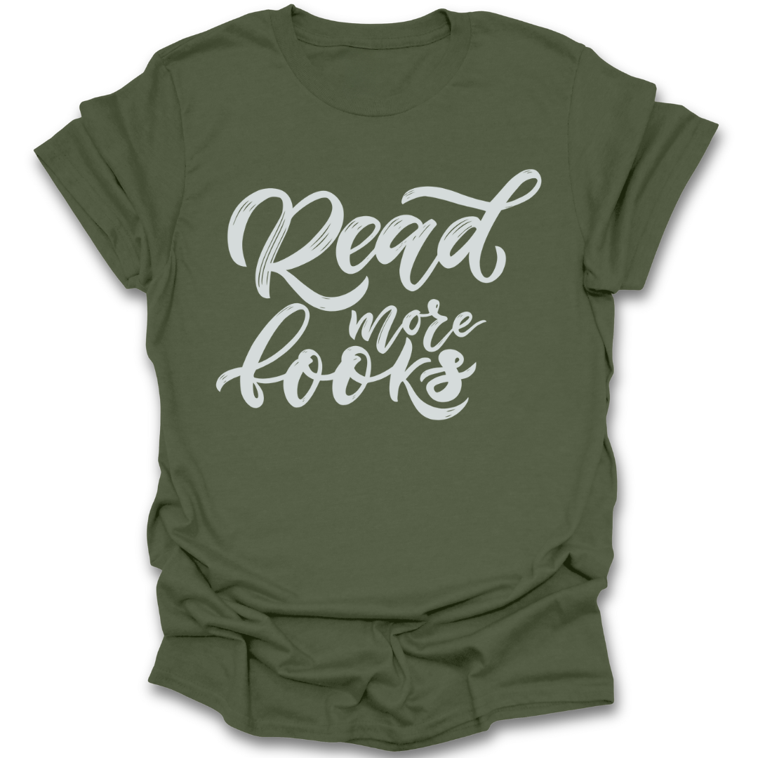Green t-shirt with 'Read more books' text on a white background literary t shirt tee