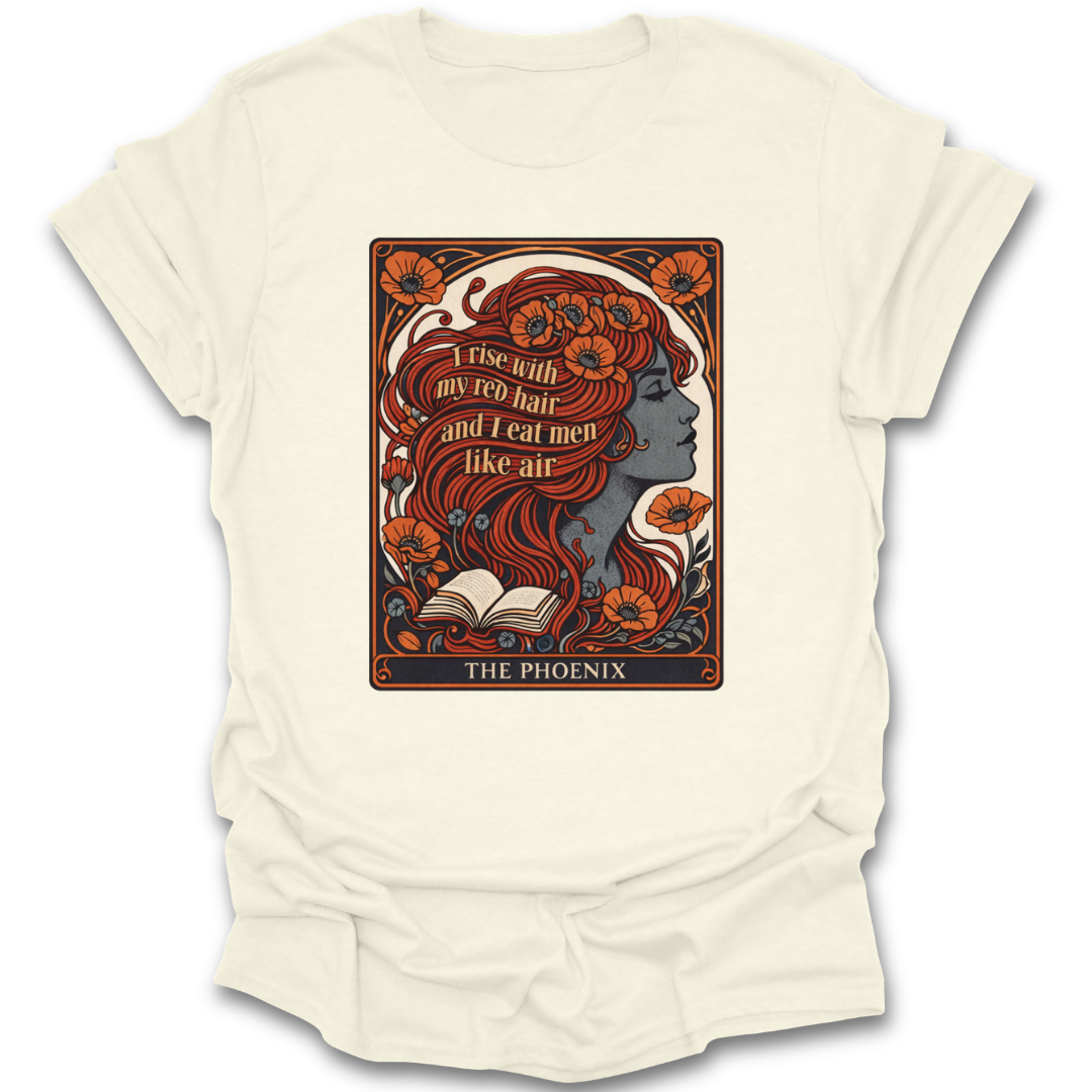 Beige t-shirt with a graphic design of a woman with long hair and text on a white background phoenix plath poem poetry book reading literary t shirt