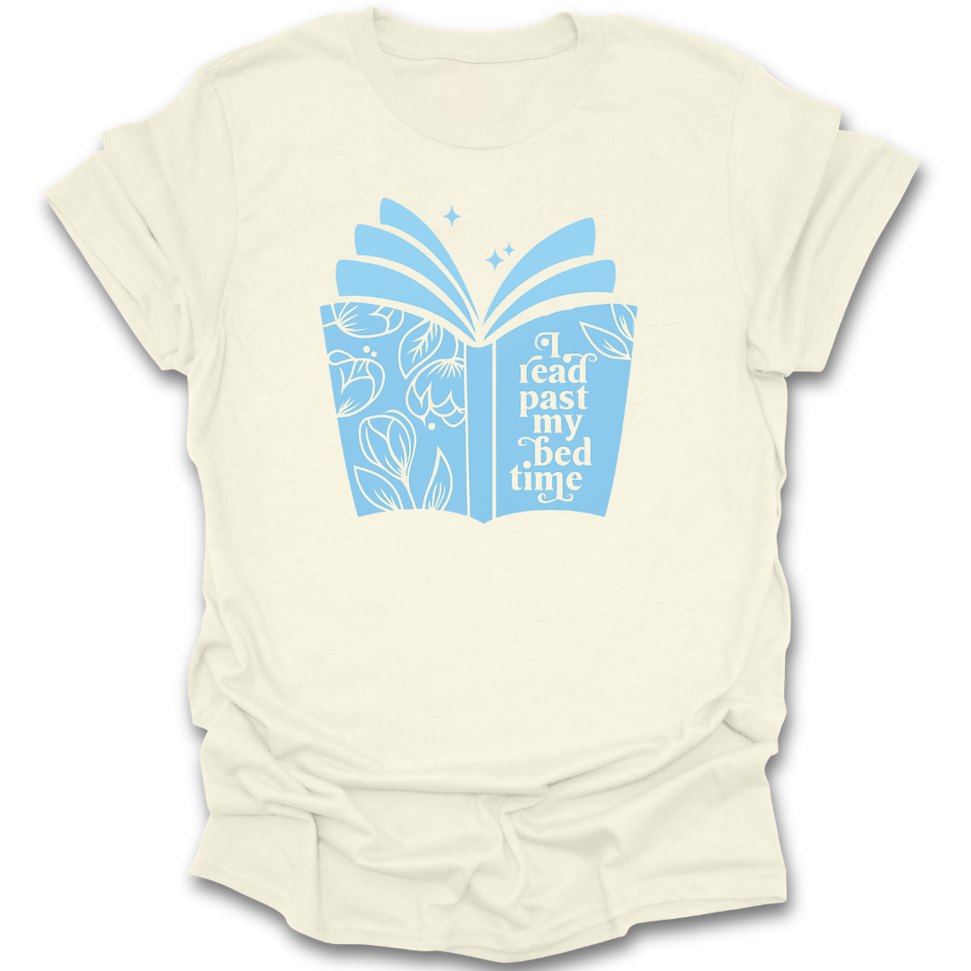Beige t-shirt with a blue graphic of an open book and text on a white background funny book reading literary t shirt