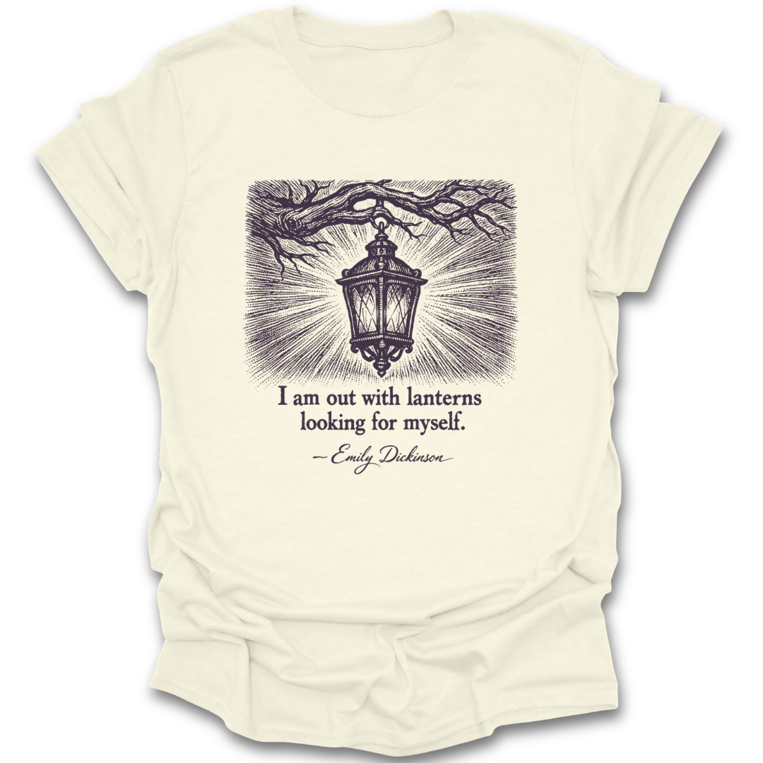 Beige t-shirt with a lantern design and text on a white background dickenson quote classics book reading literary t shirt
