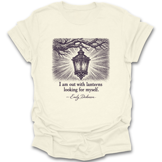 Beige t-shirt with a lantern design and text on a white background dickenson quote classics book reading literary t shirt
