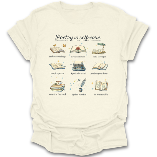 Beige t-shirt with poetic design and text on a white background poem poetry funny book reading literary t shirt