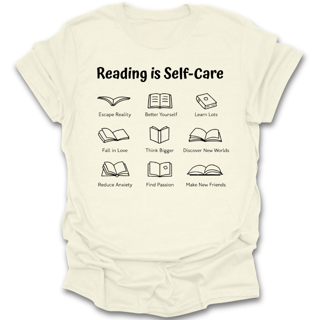 Beige t-shirt with text 'Reading is Self-Care' and book illustrations on a white background mindful  book reading literary t shirt