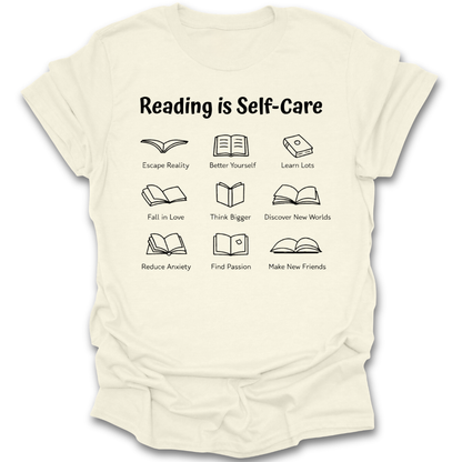 Beige t-shirt with text 'Reading is Self-Care' and book illustrations on a white background mindful  book reading literary t shirt