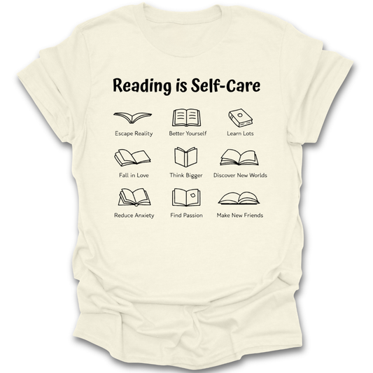 Beige t-shirt with text 'Reading is Self-Care' and book illustrations on a white background mindful  book reading literary t shirt