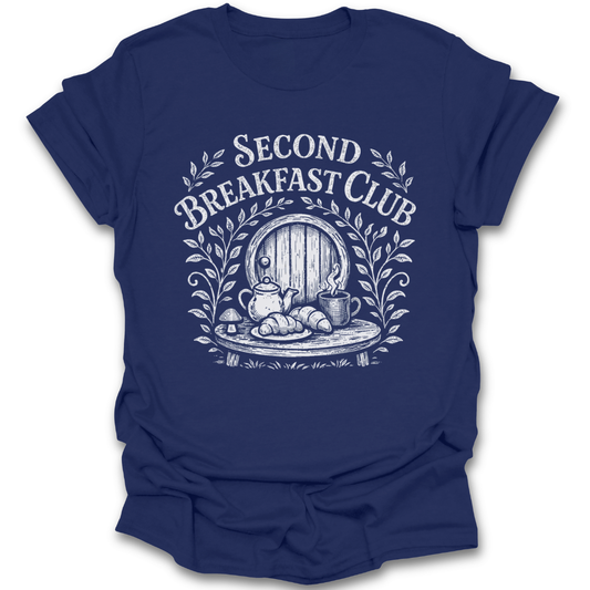 Navy blue t-shirt with 'Second Breakfast Club' graphic design on a white background. second breakfast shirt, book lover cozy tee, fantasy reader shirt, bookish aesthetic shirt, bibliophile gift, cozy reading apparel, bookworm shirt, cottagecore book tee LOR hobbit