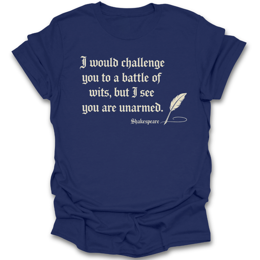 Navy blue t-shirt with funny shakespeare quote and feather graphic on a white background funny book reading literary t shirt