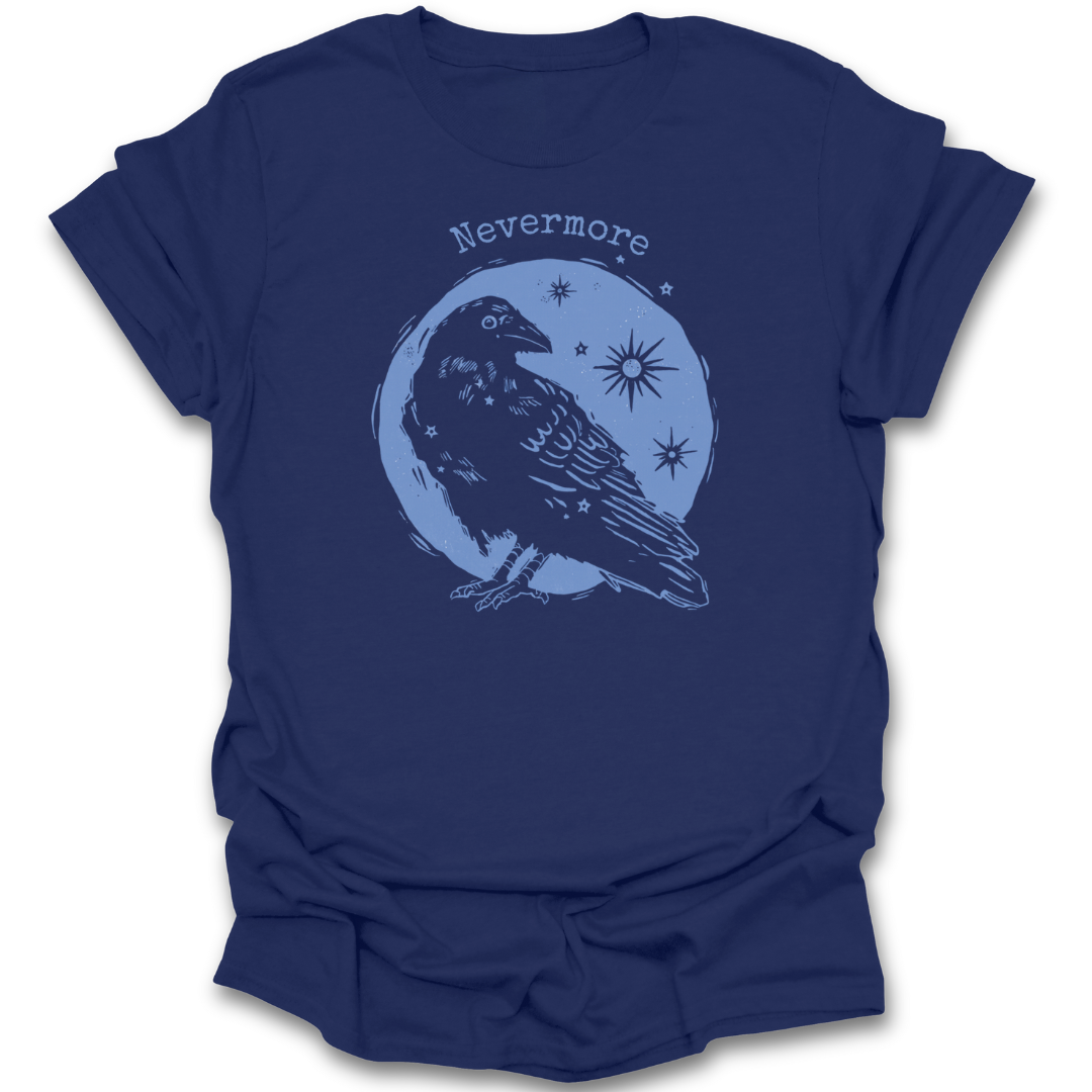 Navy blue t-shirt with a crow and 'Nevermore' text design on a white background funny book reading literary t shirt edgar allen poe poetry
