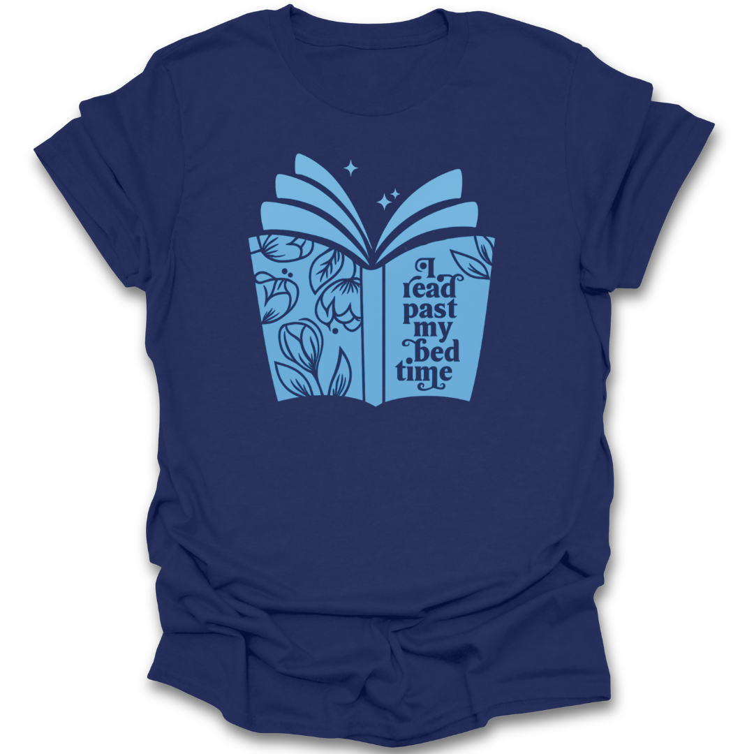 Navy blue t-shirt with a blue graphic of an open book and text on a white background funny book reading literary t shirt
