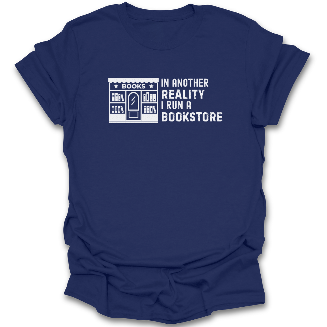 Navy blue t-shirt with white graphic and text on a white background book lover t shirt