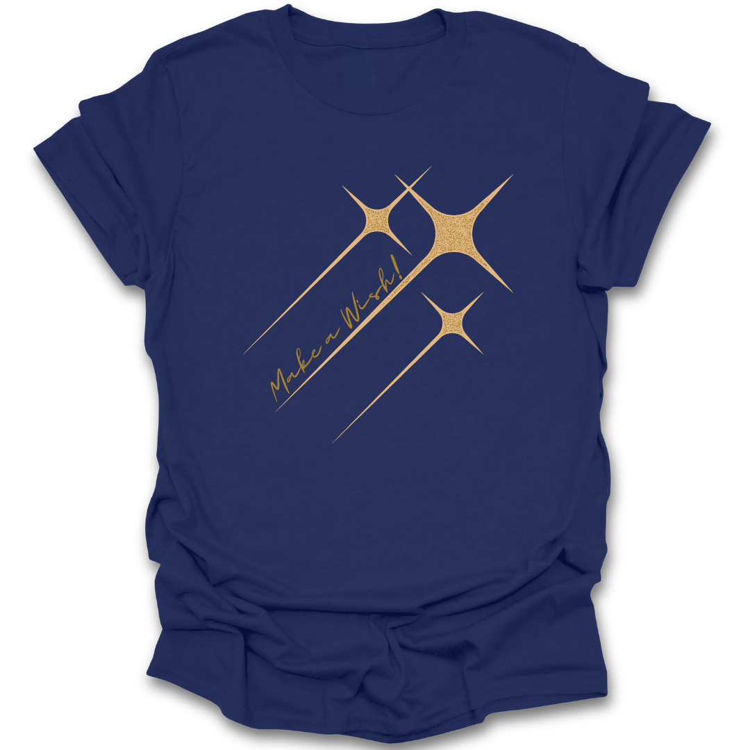 Navy blue t-shirt with gold star design and 'Make a Wish!' text on a white background fantasy reader book t shirt