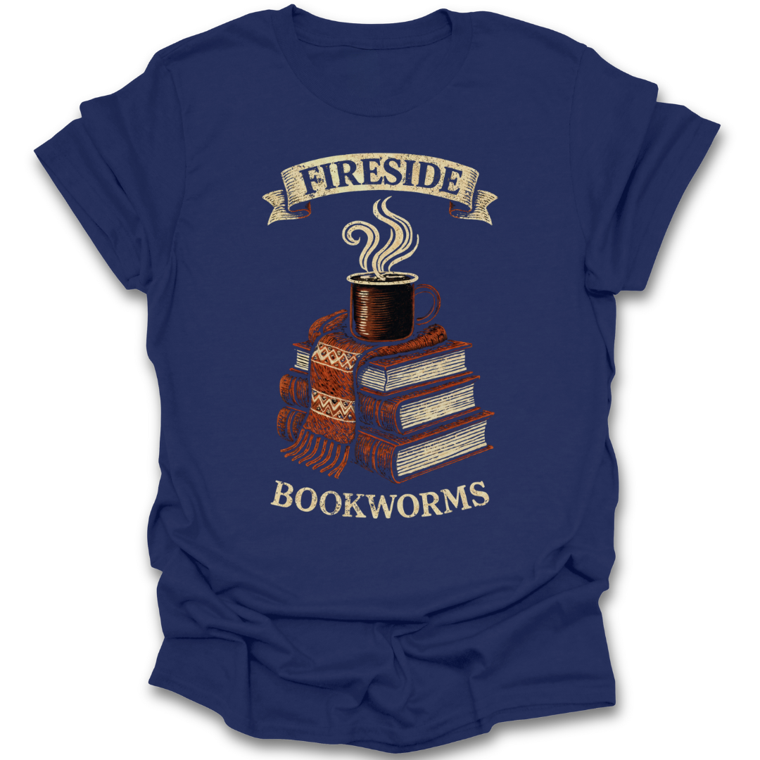Blue t-shirt with 'Fireside Bookworms' graphic design featuring a cup of coffee and books. reading book literary t shirt