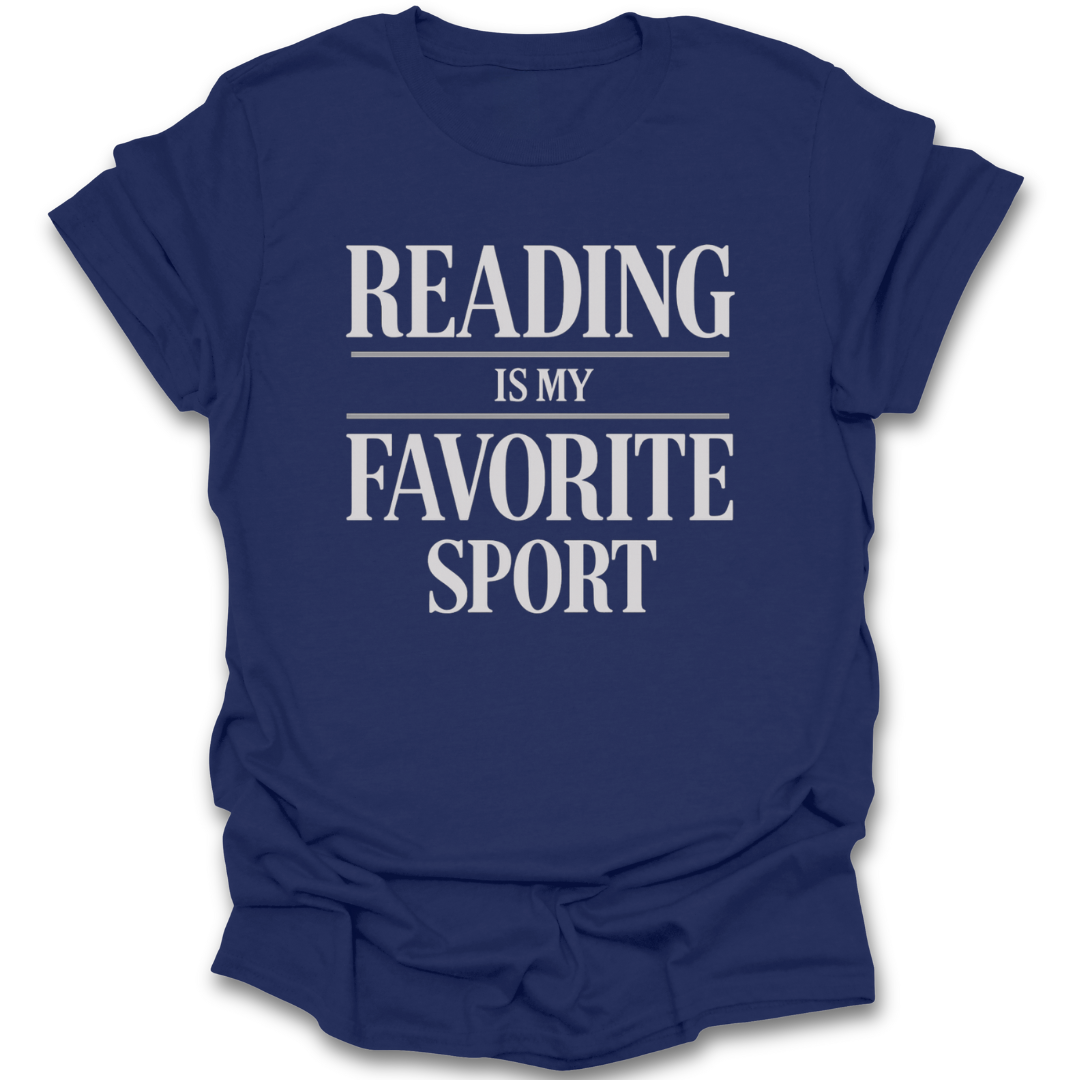 Navy blue t-shirt with 'Reading is my favorite sport' text on a white background funny book reading t shirt