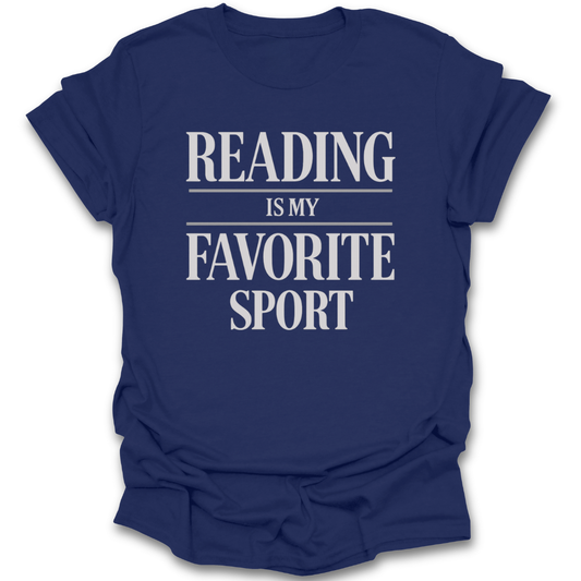 Navy blue t-shirt with 'Reading is my favorite sport' text on a white background funny book reading t shirt