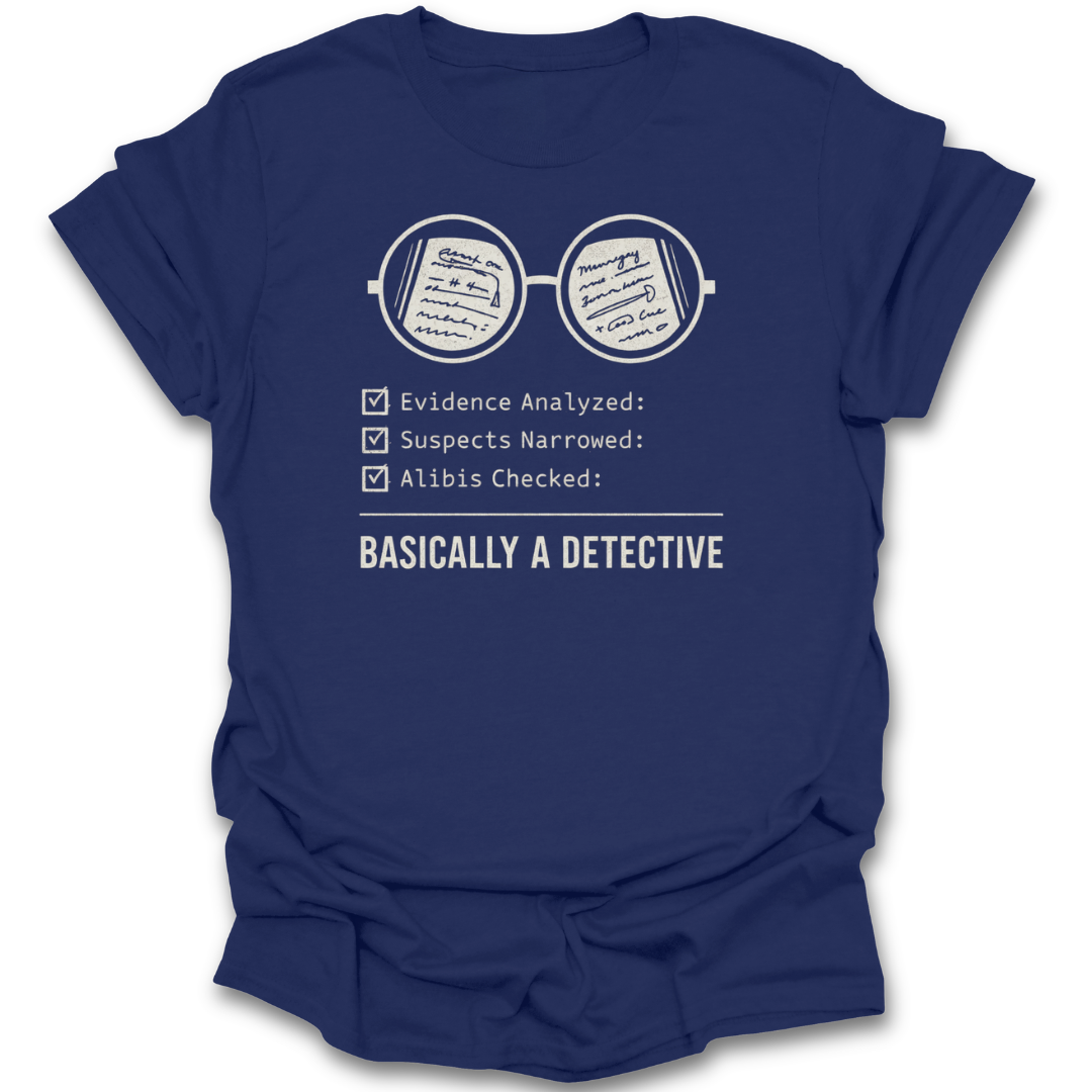 Blue t-shirt with white graphic and text on a white background mystery book shirt, detective book lover shirt, book lover shirt, mystery reader gift, cozy mystery shirt, thriller reader shirt, Sherlock Holmes gift, bookworm apparel, reader gift, bibliophile shirt.