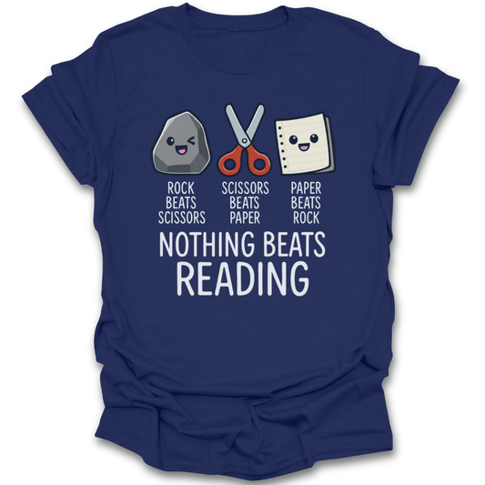 Navy blue t-shirt with rock, scissors, paper graphic and 'Nothing Beats Reading' text on a white background funny book reading t shirt