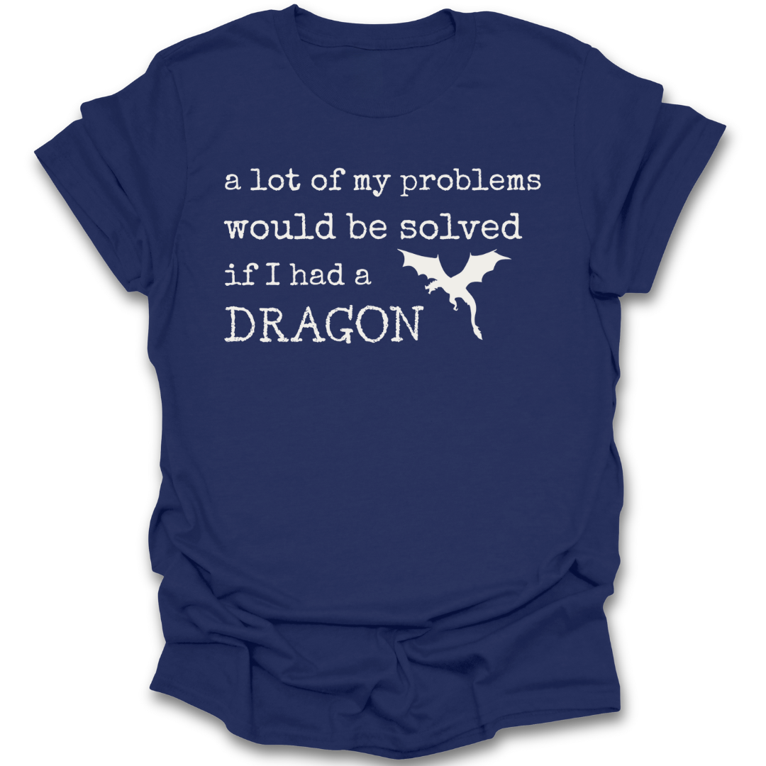 Navy blue t-shirt with white text and dragon graphic on a white background romantacy fantasy funny book reading literary t shirt