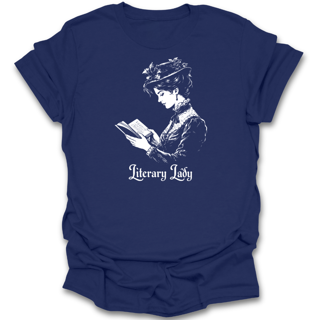 Navy blue t-shirt with a graphic of a woman reading a book and the text 'Literary Lady' on a white background.  funny book reading literary t shirt