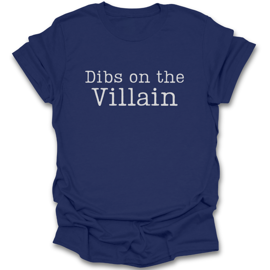 Navy blue t-shirt with 'Dibs on the Villain' text on a white background