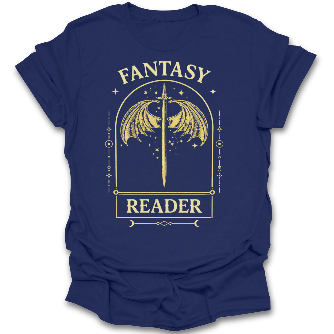 Navy blue t-shirt with gold 'Fantasy Reader' design featuring a dragon and sword on a white background. book literary tee t shirt