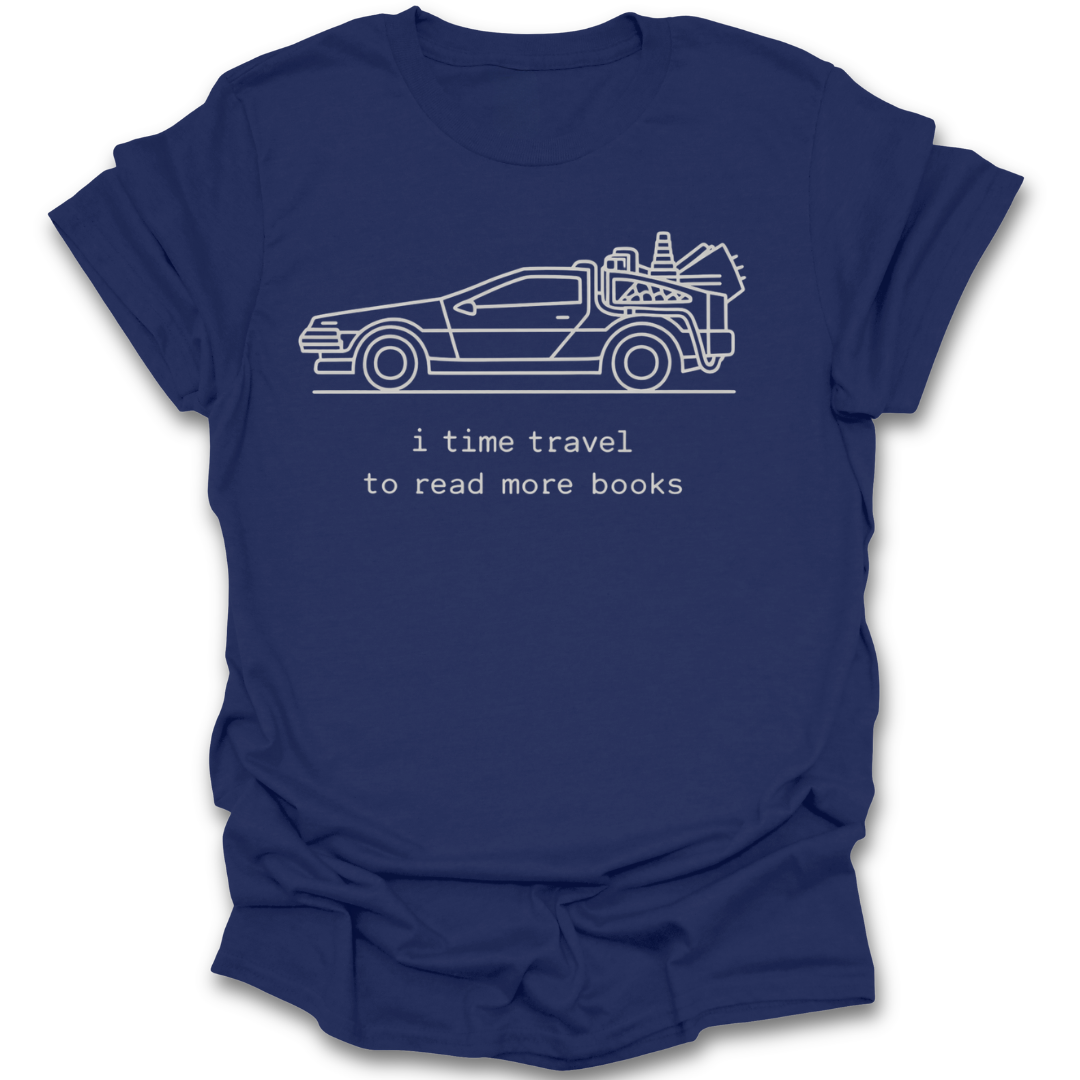 Brown t-shirt with a graphic of a car and text 'i time travel to read more books' on a white background science fiction funny book reading literary t shirt
