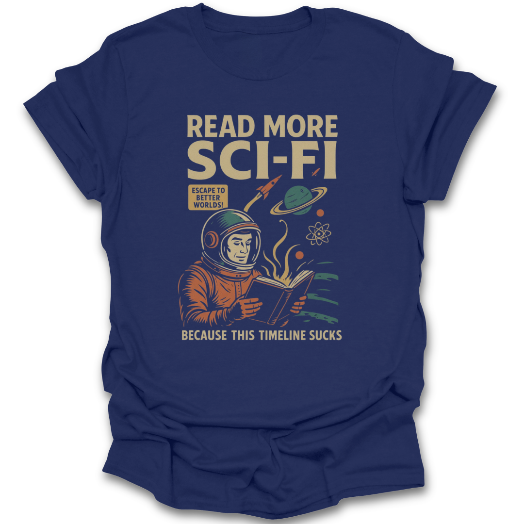 Blue t-shirt with an astronaut graphic and text on a white background science fiction sci fi funny book reading literary t shirt