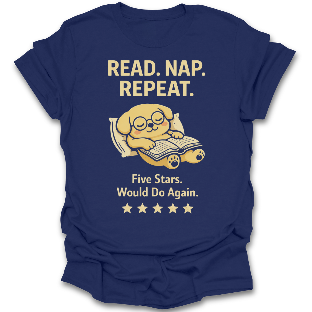 Blue t-shirt with yellow text and a dog illustration on a white background funny book reading literary t shirt