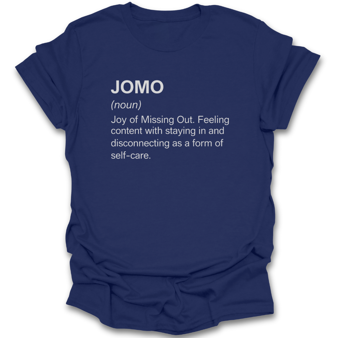 Navy blue t-shirt with white text defining 'JOMO' on a white background funny book reading literary t shirt