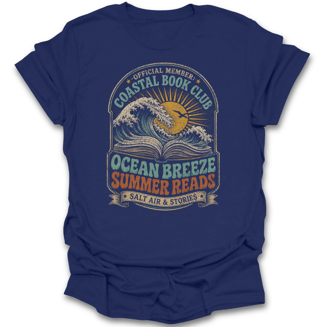 Blue t-shirt with 'Coastal Book Club' graphic design on a white background