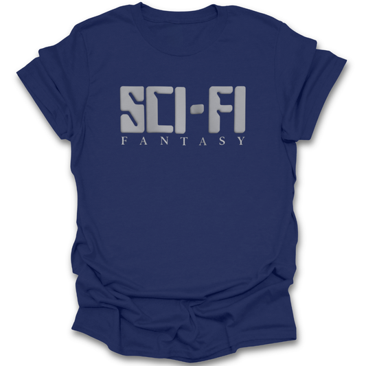 Blue t-shirt with 'SCI-FI FANTASY' text on a white background book reading literary t shirt