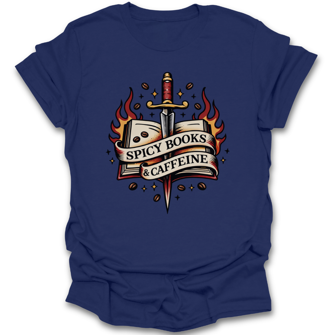 Blue t-shirt with a graphic design of a sword, book, and flames on a white background. spicy books and caffeine shirt, romance reader shirt, book lover t-shirt, spicy book shirt, romantasy shirt, reading shirt for women, bookish apparel, coffee and books shirt
