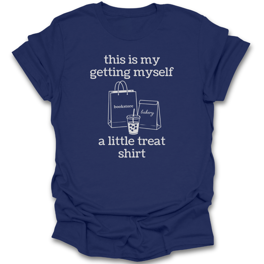 Navy blue t-shirt with white text and graphics on a white background funny book reading literary t shirt