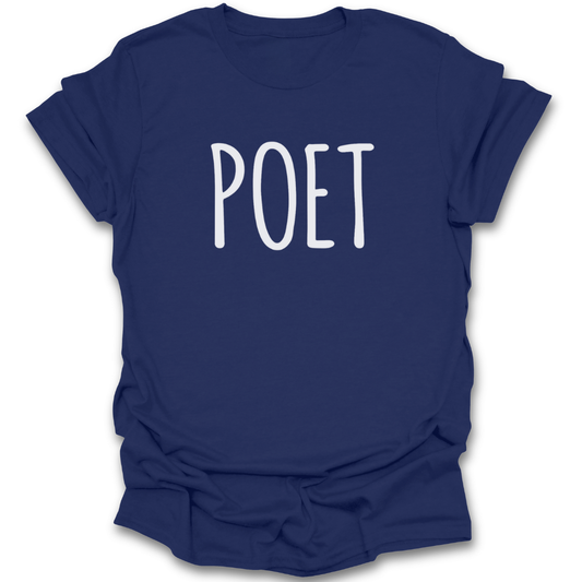 Navy blue t-shirt with 'POET' printed in white on a white background poetry t shirt