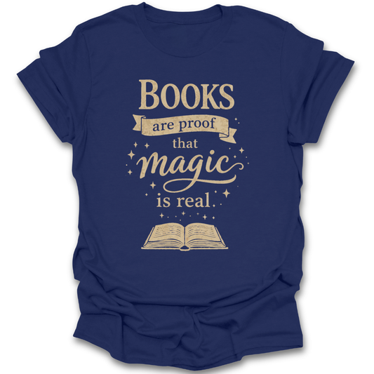 Blue t-shirt with yellow text and graphic of an open book on a white background funny book reading literary t shirt