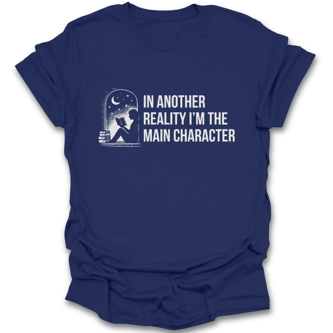 Navy blue t-shirt with white graphic and text on a white background funny book reading literary t shirt