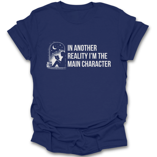 Navy blue t-shirt with white graphic and text on a white background funny book reading literary t shirt