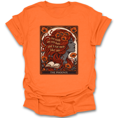 Orange t-shirt with a graphic design of a woman with red hair and text on a white background plath poem phoenix poetry book reading literary t shirt